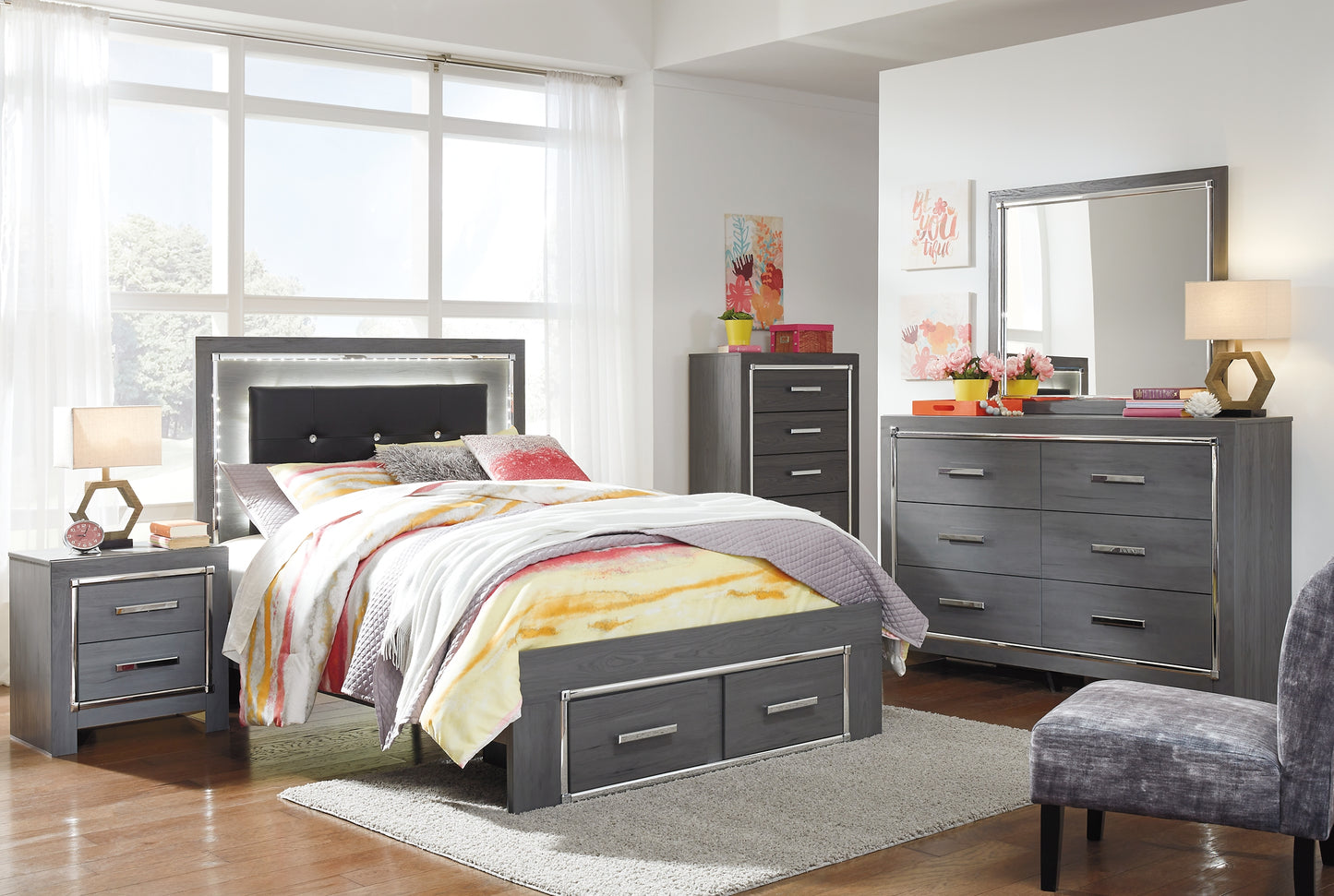 Lodanna  Panel Bed With 2 Storage Drawers With Mirrored Dresser, Chest And Nightstand