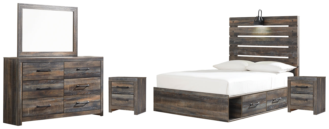 Drystan  Panel Bed With 4 Storage Drawers With Mirrored Dresser And 2 Nightstands