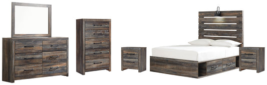 Drystan  Panel Bed With 4 Storage Drawers With Mirrored Dresser, Chest And 2 Nightstands