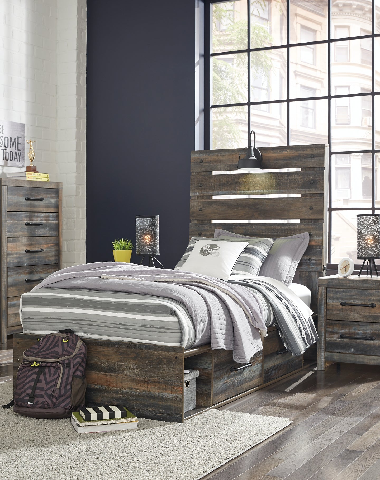 Drystan  Panel Bed With 4 Storage Drawers With Mirrored Dresser