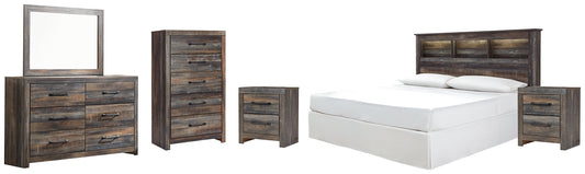 Drystan /California King Bookcase Headboard With Mirrored Dresser, Chest And 2 Nightstands