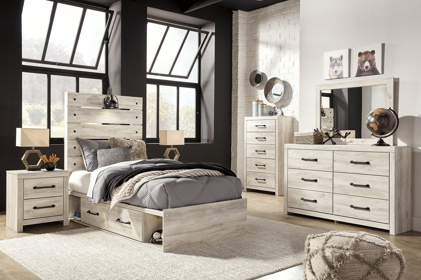 Cambeck  Panel Bed With 4 Storage Drawers With Mirrored Dresser, Chest And 2 Nightstands