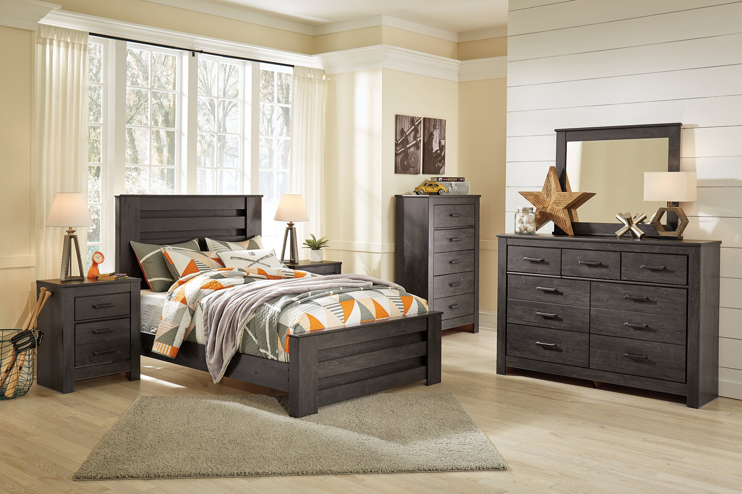 Brinxton  Panel Bed With Mirrored Dresser, Chest And Nightstand