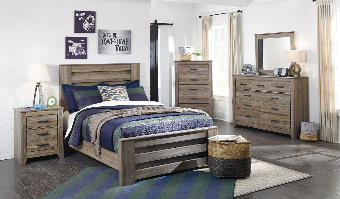 Zelen  Panel Bed With Mirrored Dresser, Chest And Nightstand