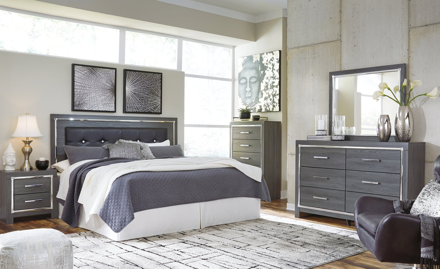 Lodanna /California King Upholstered Panel Headboard With Mirrored Dresser, Chest And 2 Nightstands