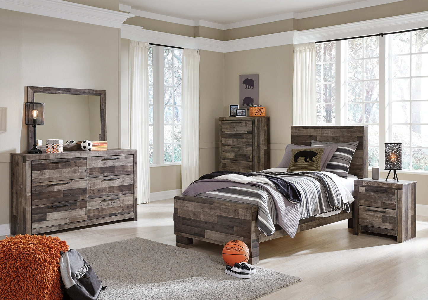 Derekson  Panel Bed With Mirrored Dresser, Chest And Nightstand