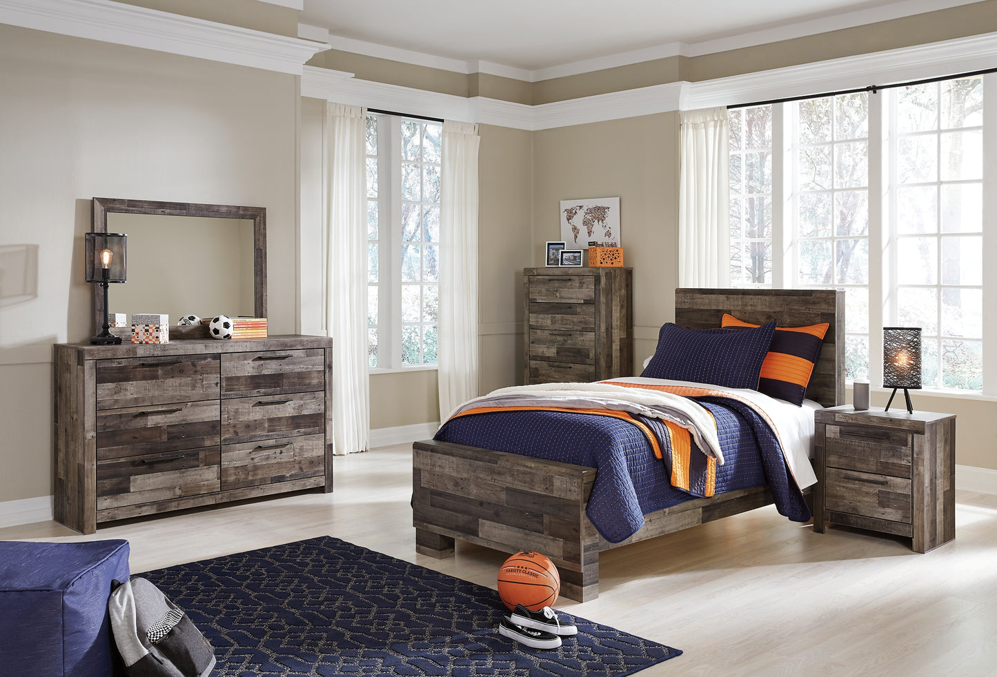 Derekson  Panel Bed With Mirrored Dresser, Chest And Nightstand