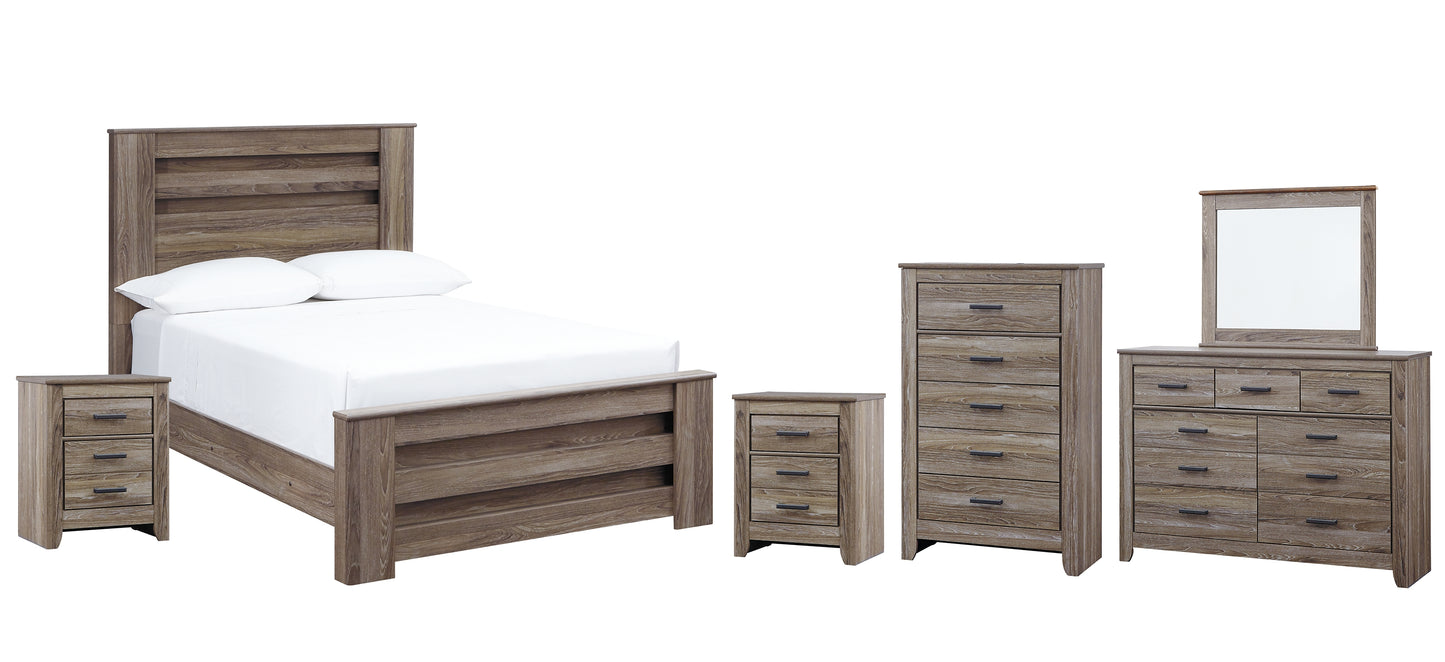 Zelen  Panel Bed With Mirrored Dresser, Chest And 2 Nightstands