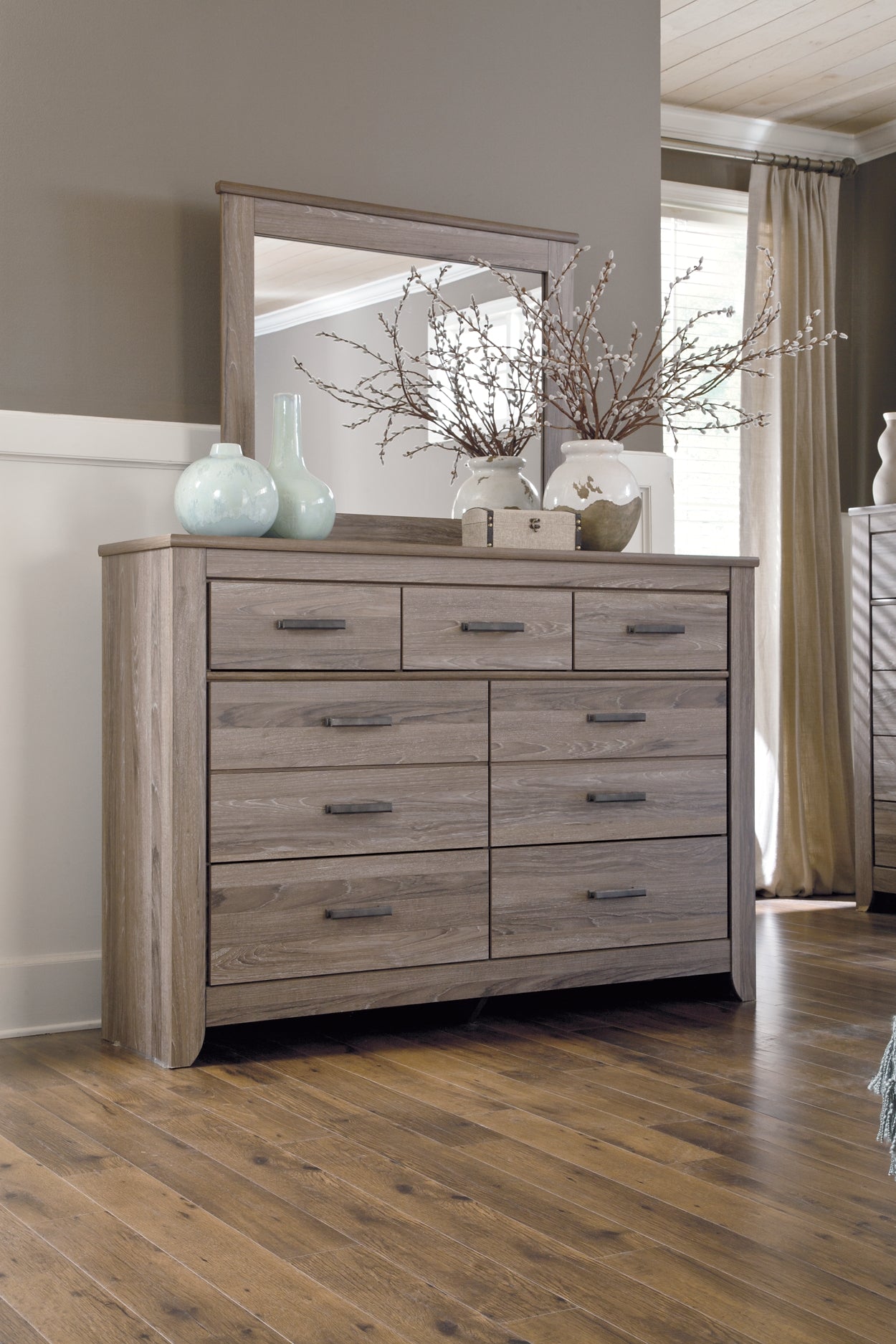 Zelen  Panel Bed With Mirrored Dresser And Chest