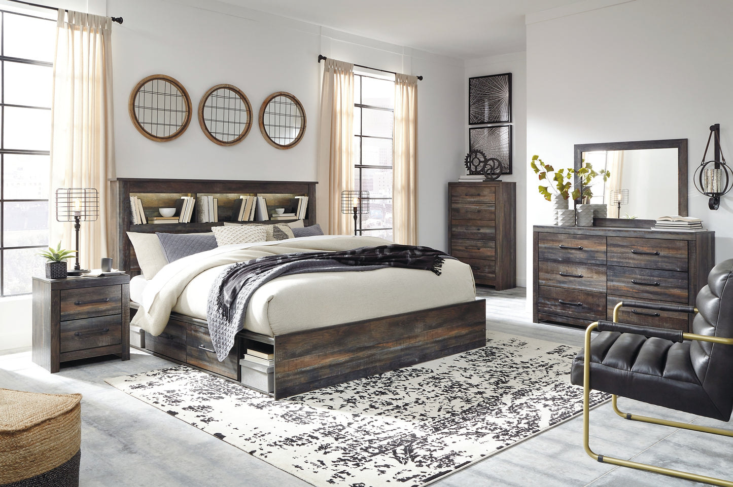 Drystan  Bookcase Bed With 2 Storage Drawers With Mirrored Dresser, Chest And Nightstand