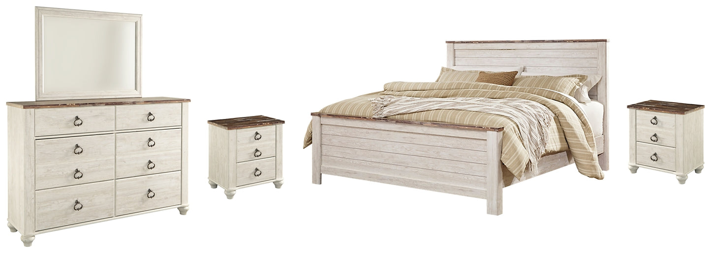 Willowton  Panel Bed With Mirrored Dresser And 2 Nightstands