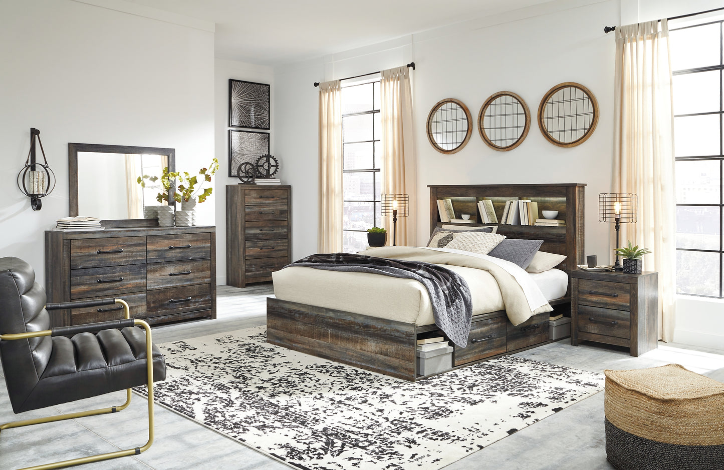 Drystan  Bookcase Bed With 2 Storage Drawers With Mirrored Dresser, Chest And 2 Nightstands