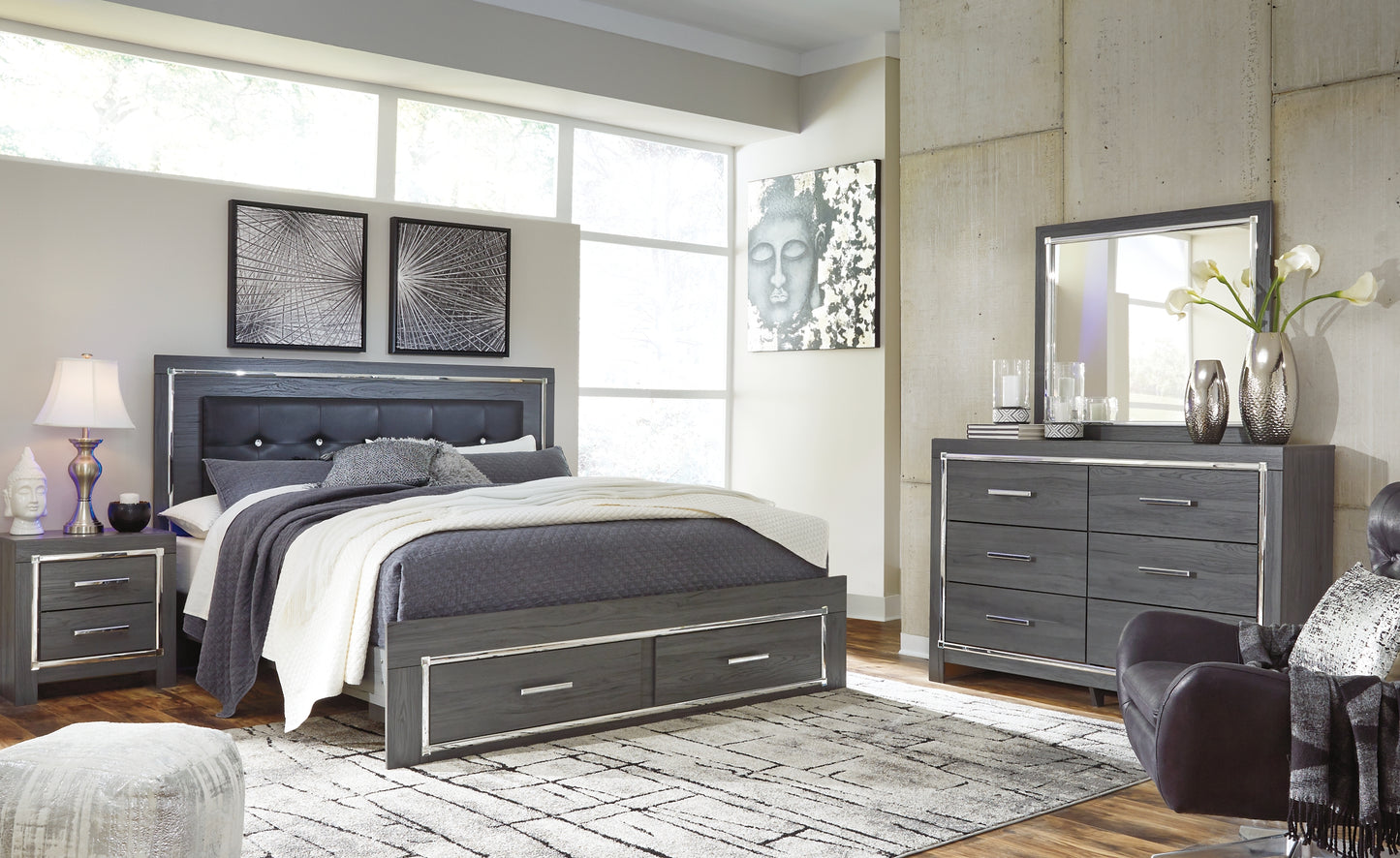 Lodanna  Panel Bed With 2 Storage Drawers With Mirrored Dresser, Chest And Nightstand