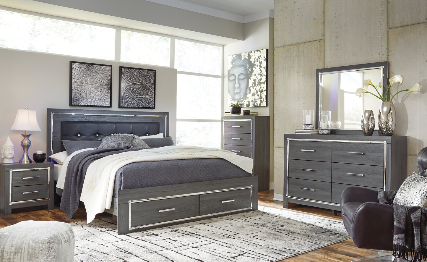 Lodanna  Panel Bed With 2 Storage Drawers With Mirrored Dresser, Chest And 2 Nightstands