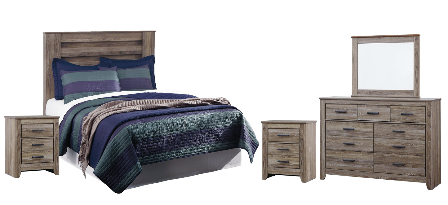 Zelen  Panel Headboard With Mirrored Dresser And 2 Nightstands