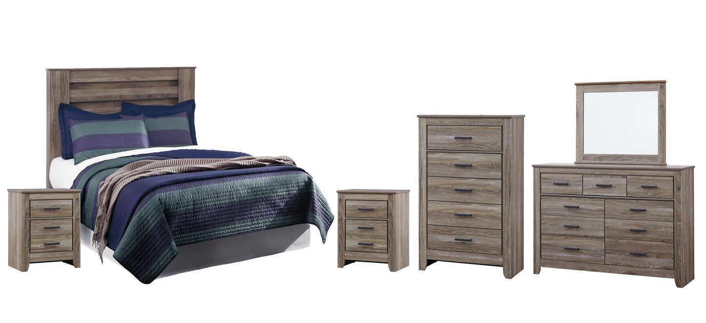 Zelen  Panel Headboard With Mirrored Dresser, Chest And 2 Nightstands