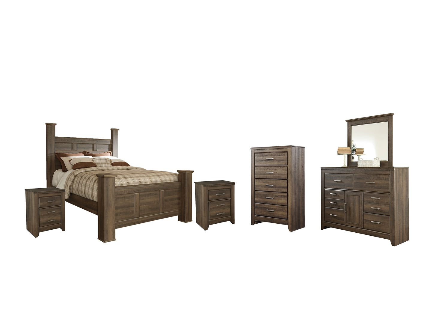 Juararo  Poster Bed With Mirrored Dresser, Chest And 2 Nightstands