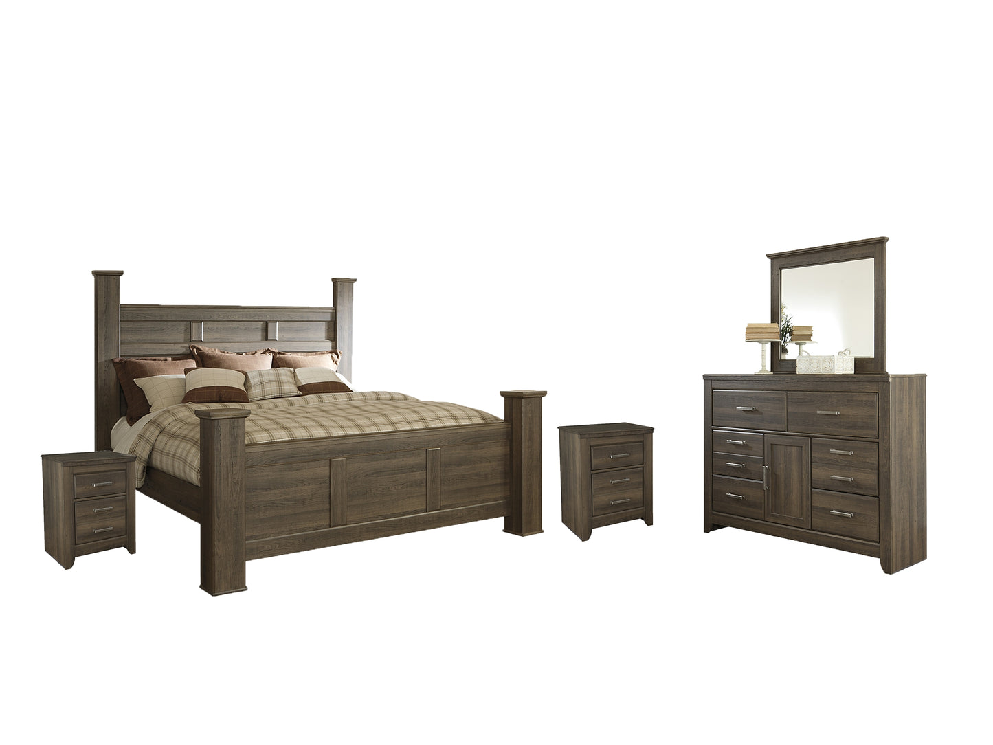 Juararo  Poster Bed With Mirrored Dresser And 2 Nightstands