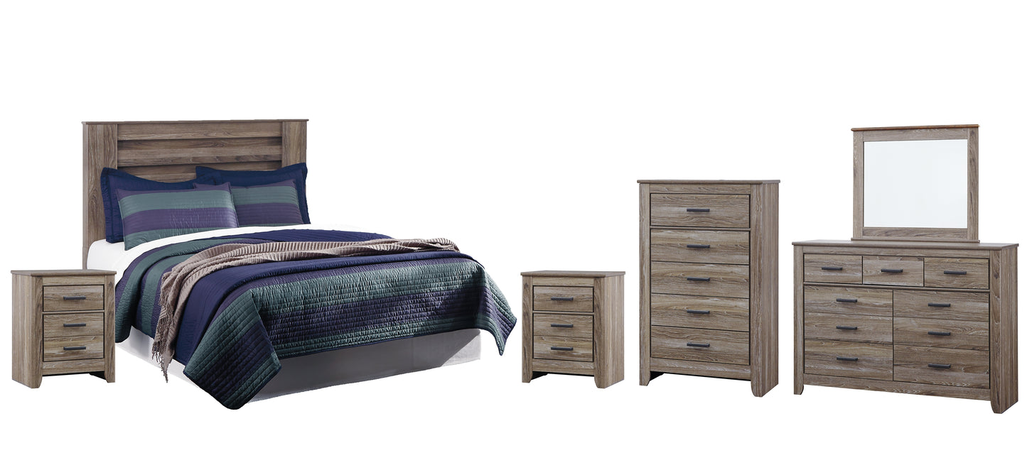 Zelen /California King Panel Headboard With Mirrored Dresser, Chest And 2 Nightstands