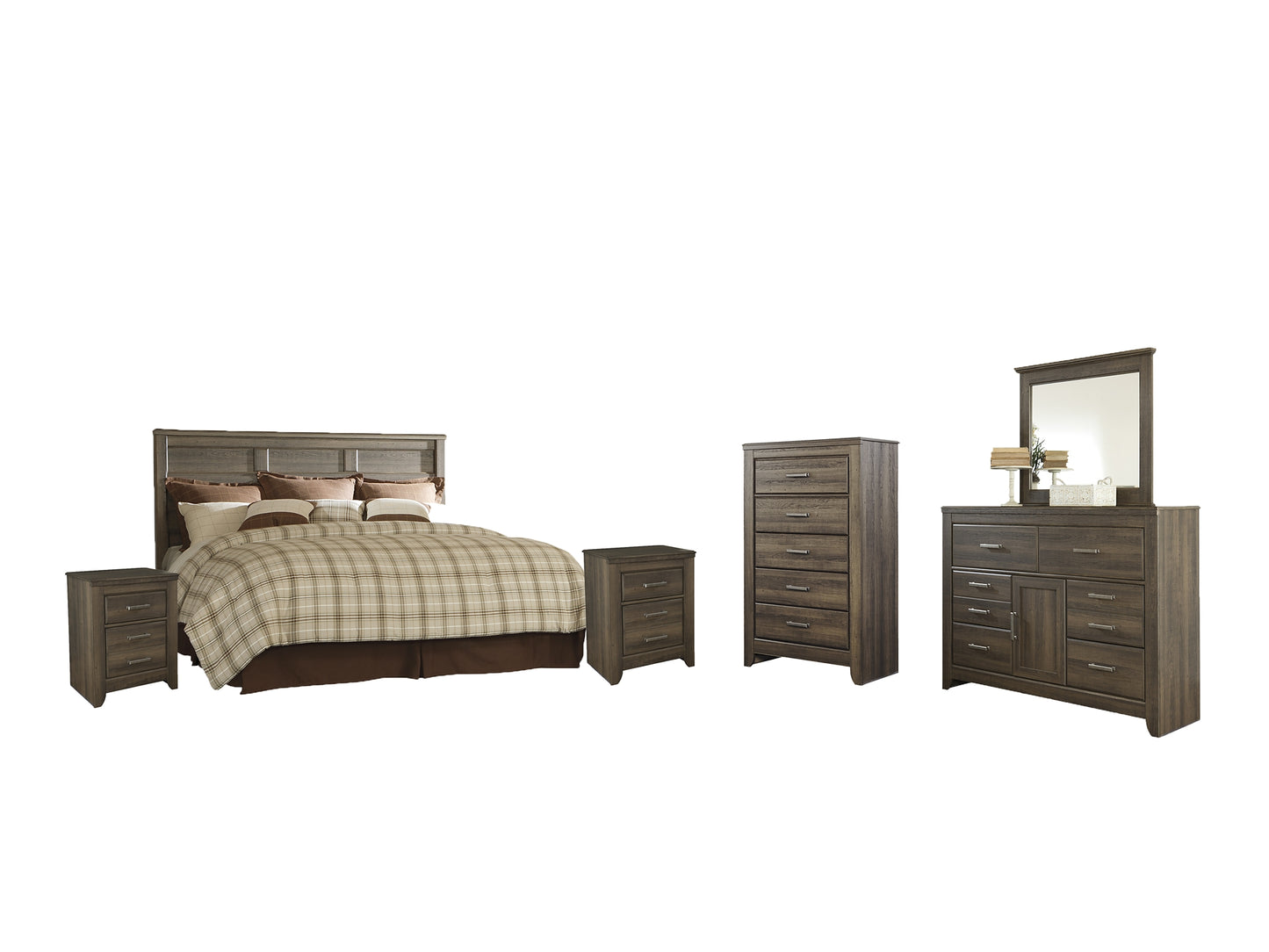 Juararo /California King Panel Headboard With Mirrored Dresser, Chest And 2 Nightstands