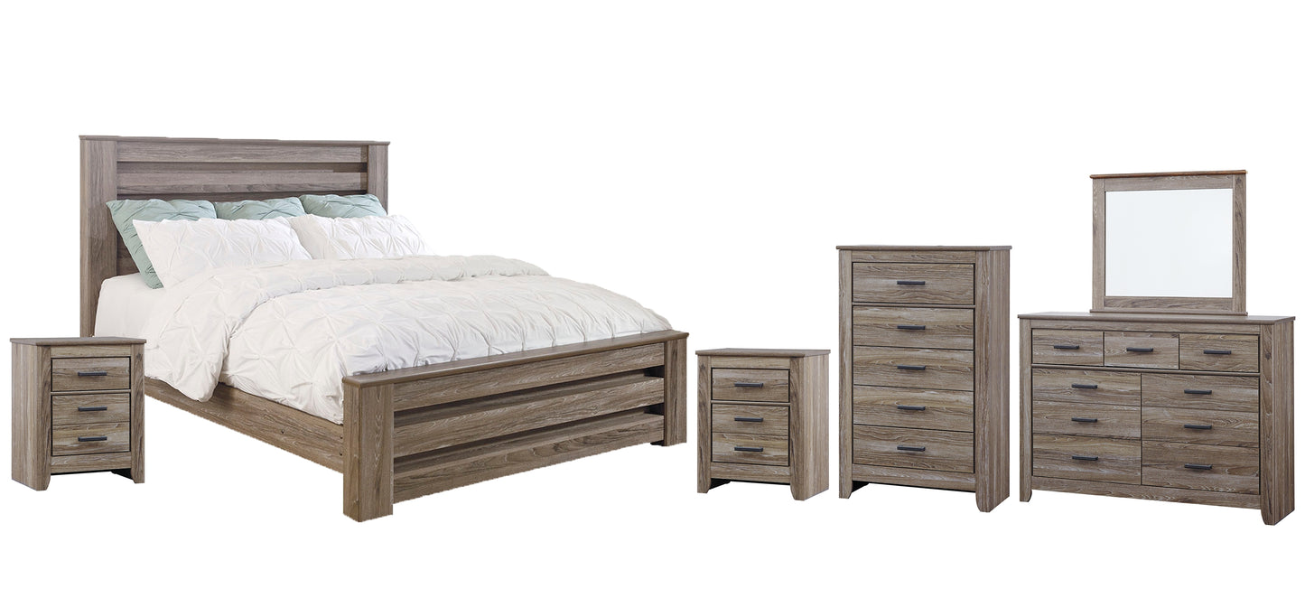 Zelen  Panel Bed With Mirrored Dresser, Chest And 2 Nightstands