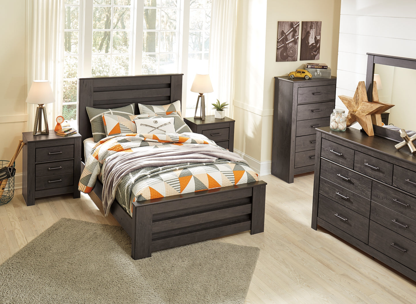 Brinxton  Panel Bed With Mirrored Dresser And 2 Nightstands