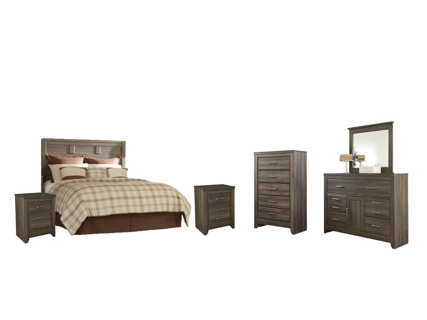 Juararo  Panel Headboard With Mirrored Dresser, Chest And 2 Nightstands