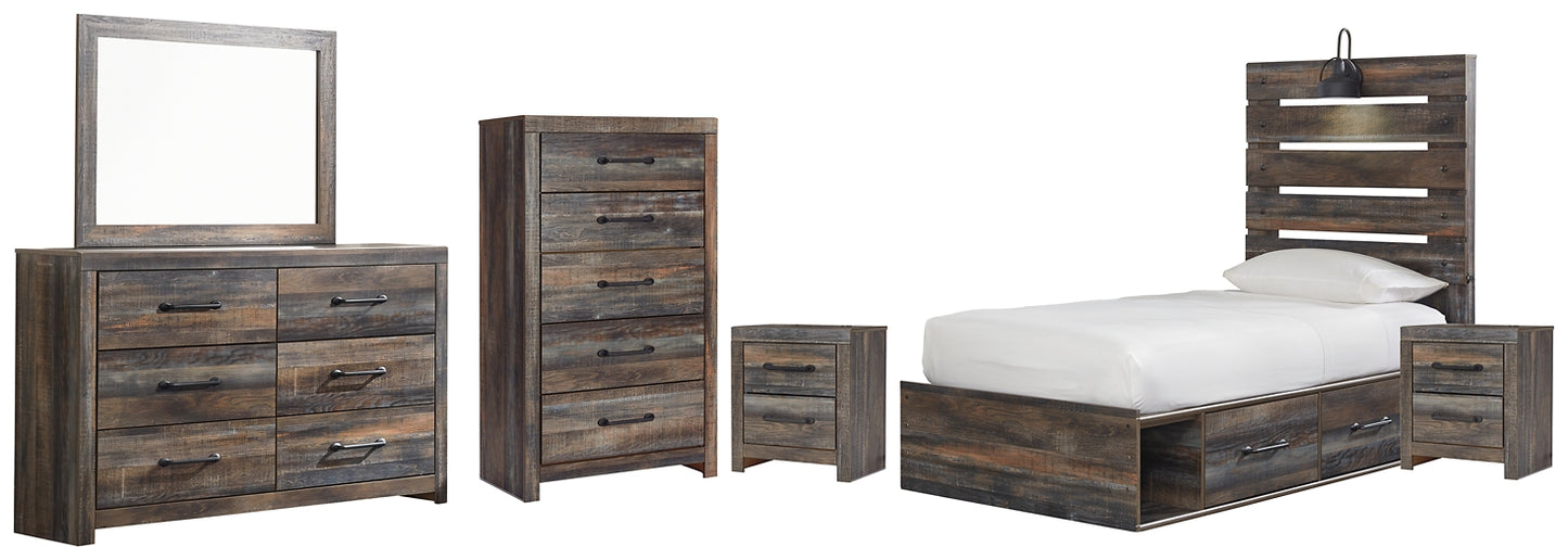 Drystan  Panel Bed With 4 Storage Drawers With Mirrored Dresser, Chest And 2 Nightstands