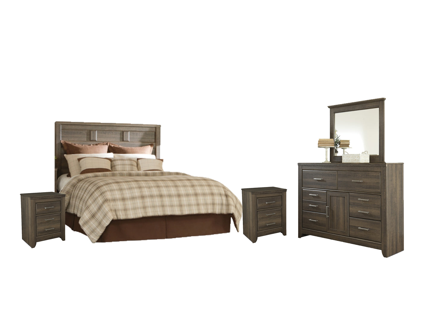 Juararo  Panel Headboard With Mirrored Dresser And 2 Nightstands