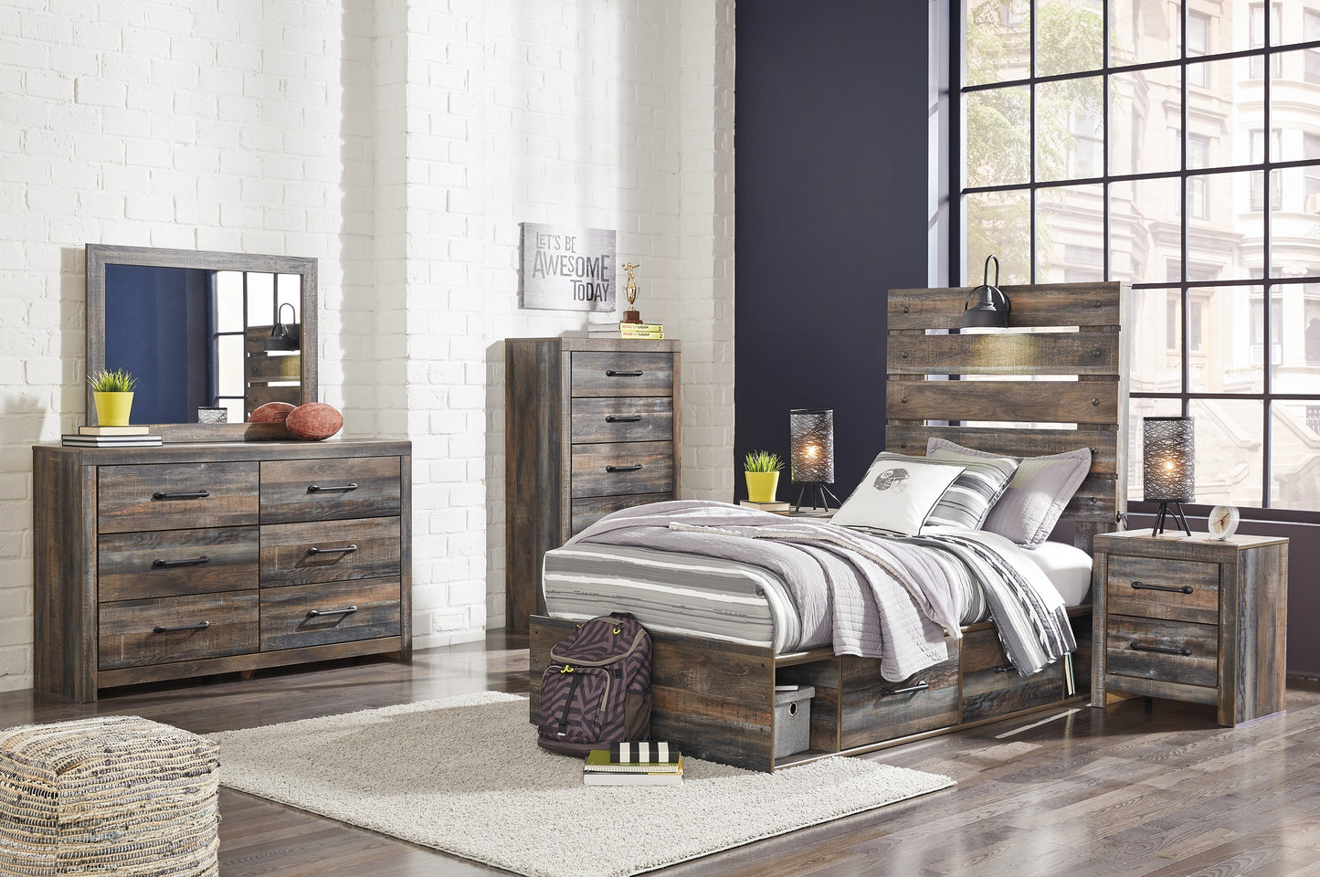 Drystan  Panel Bed With 4 Storage Drawers With Mirrored Dresser, Chest And 2 Nightstands