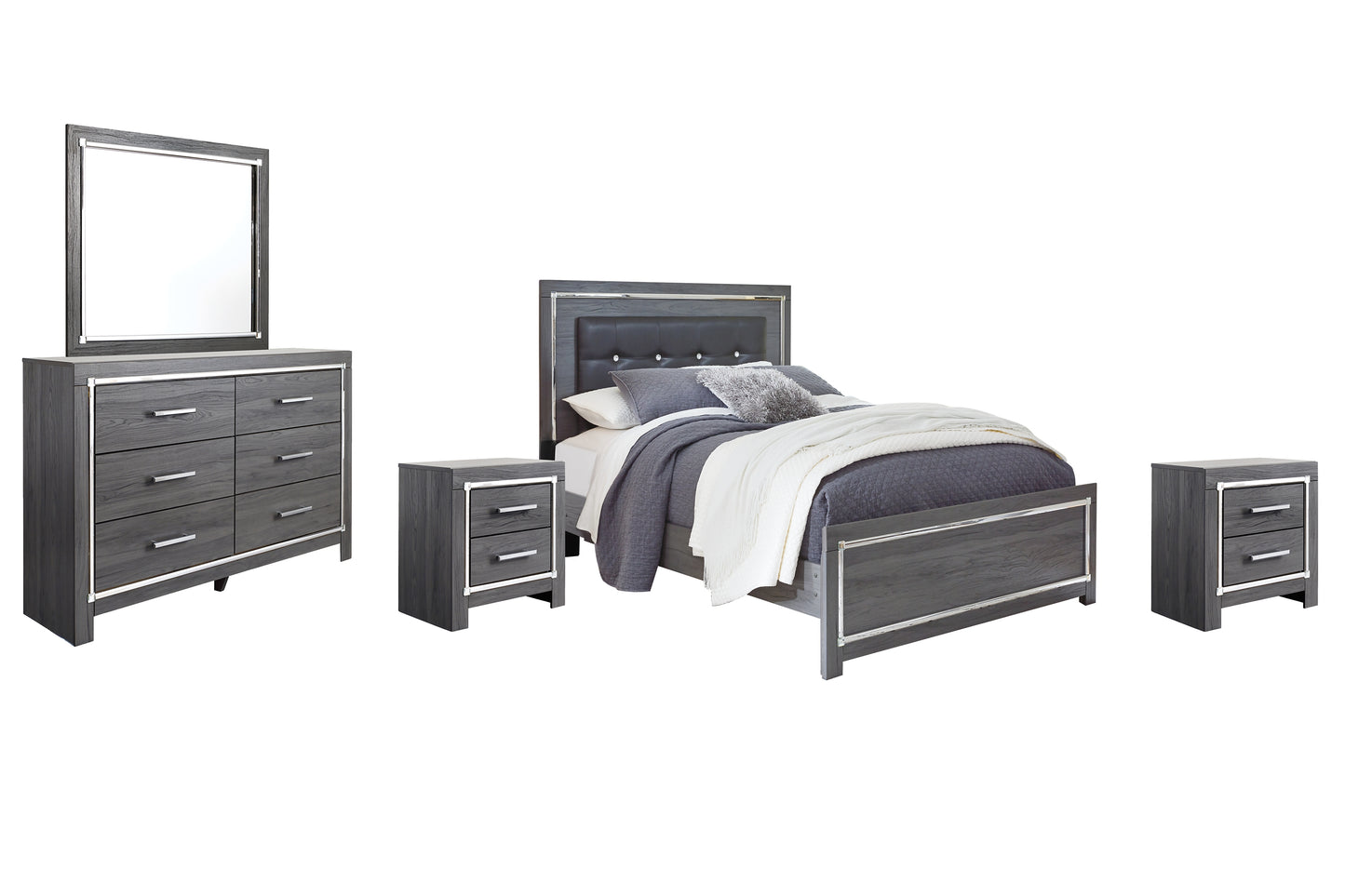 Lodanna  Panel Bed With Mirrored Dresser And 2 Nightstands