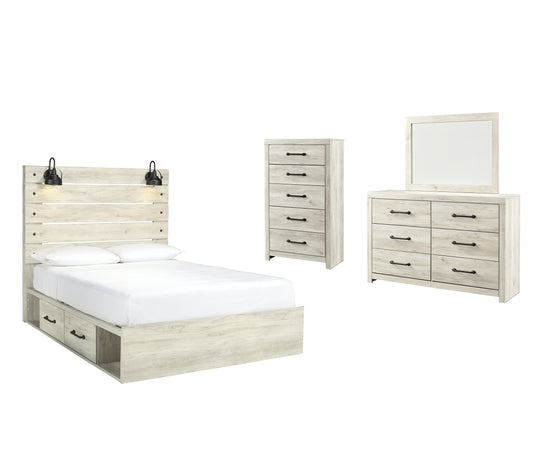 Cambeck  Panel Bed With 4 Storage Drawers With Mirrored Dresser And Chest