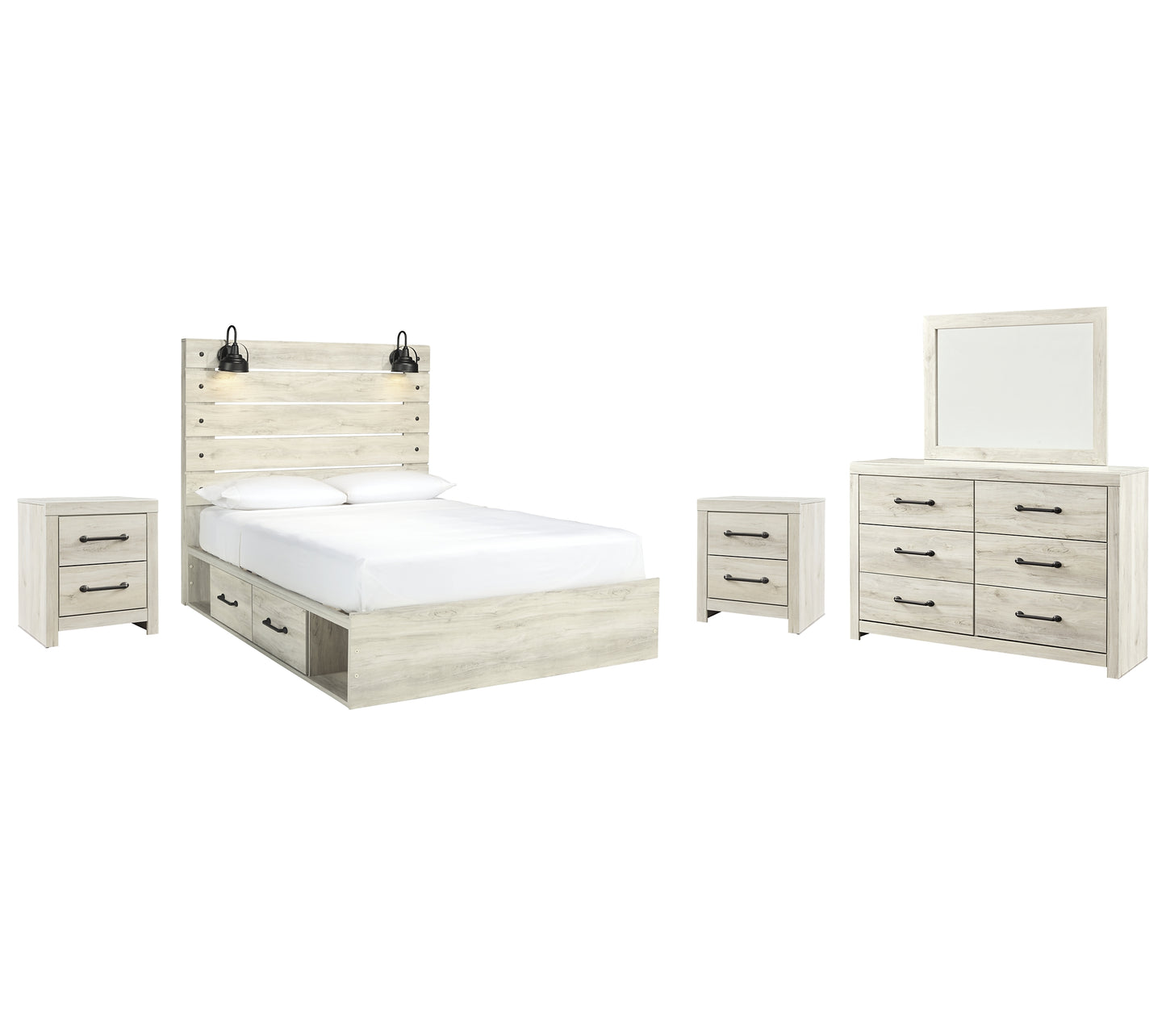 Cambeck  Panel Bed With 4 Storage Drawers With Mirrored Dresser And 2 Nightstands