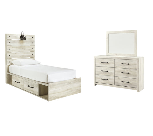 Cambeck  Panel Bed With 4 Storage Drawers With Mirrored Dresser