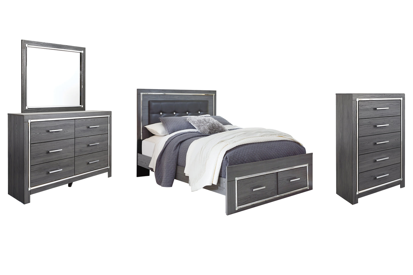 Lodanna  Panel Bed With 2 Storage Drawers With Mirrored Dresser And 2 Nightstands