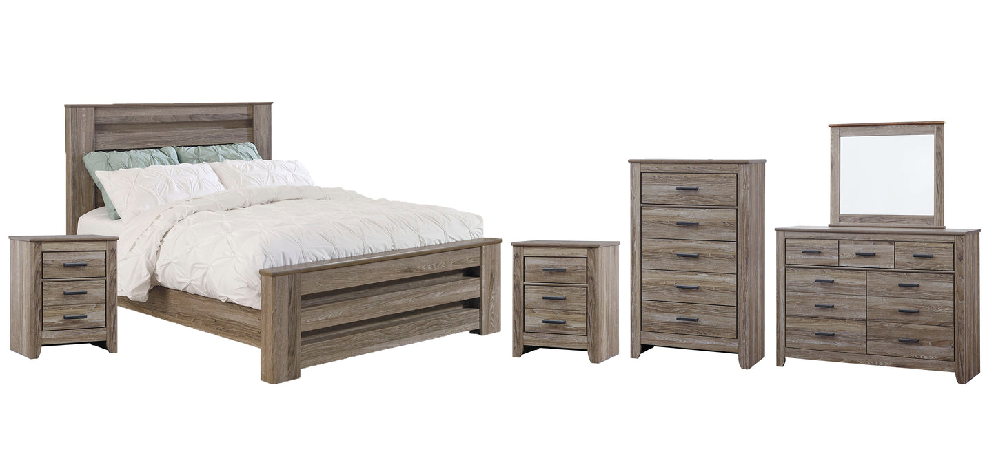 Zelen  Panel Bed With Mirrored Dresser, Chest And 2 Nightstands