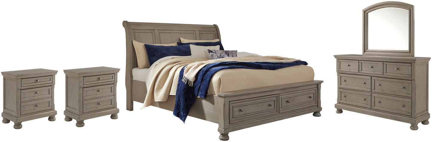 Lettner  Sleigh Bed With 2 Storage Drawers With Mirrored Dresser And 2 Nightstands