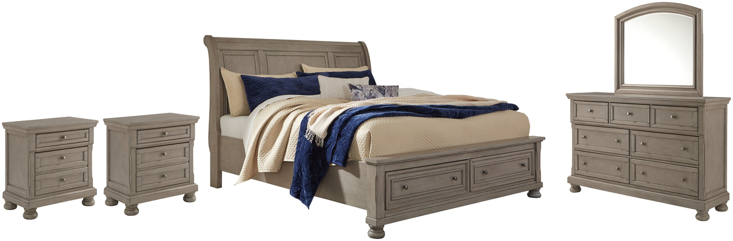 Lettner California  Sleigh Bed With Mirrored Dresser And 2 Nightstands