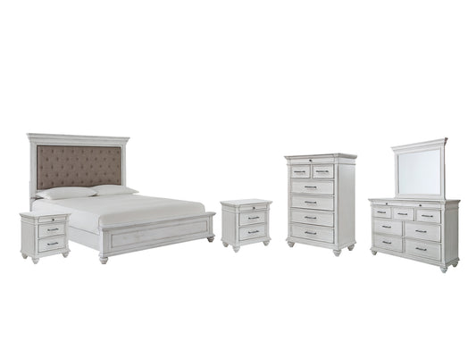 Kanwyn  Panel Bed With Mirrored Dresser, Chest And 2 Nightstands