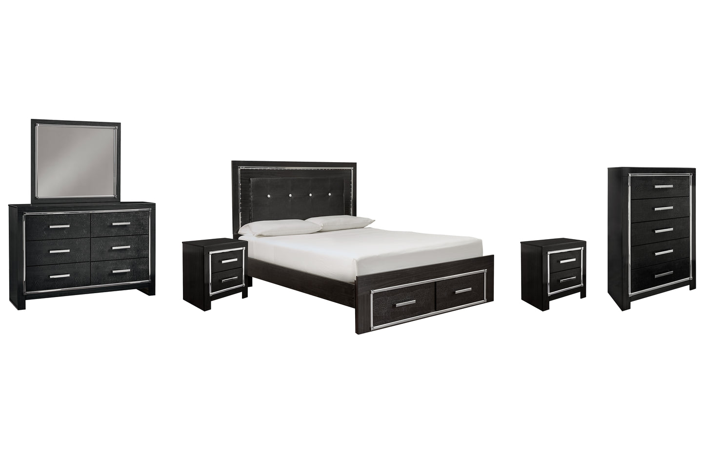 Kaydell  Panel Bed With Storage With Mirrored Dresser, Chest And 2 Nightstands