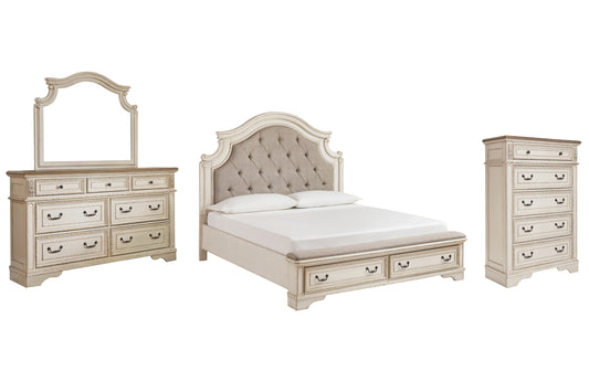 Realyn  Upholstered Bed With Mirrored Dresser And Chest