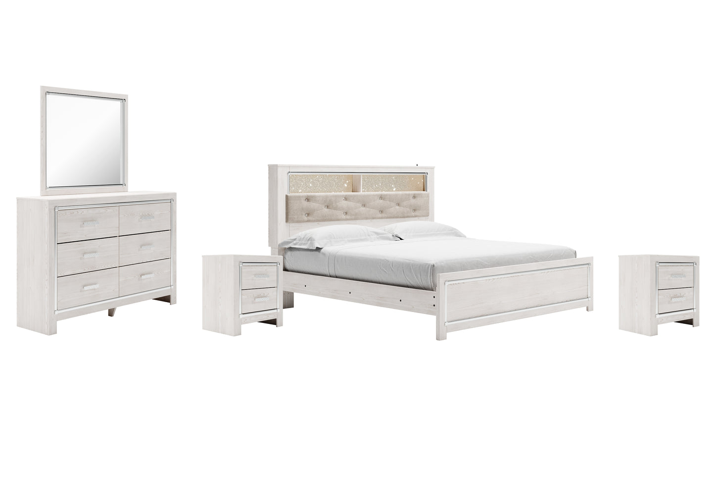 Altyra  Panel Bookcase Bed With Mirrored Dresser And 2 Nightstands