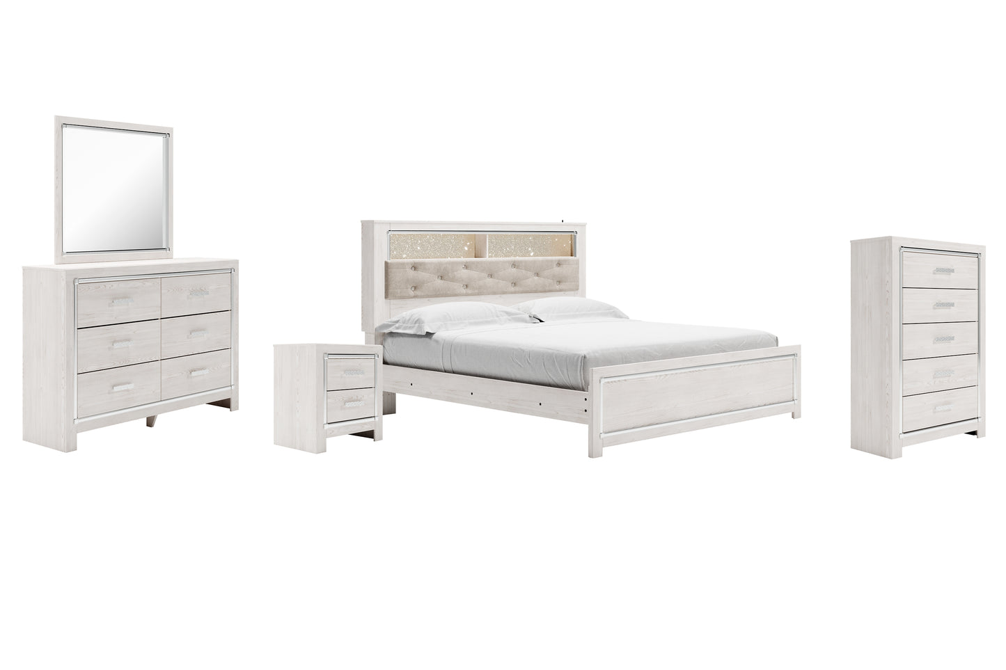 Altyra  Panel Bookcase Bed With Mirrored Dresser, Chest And Nightstand