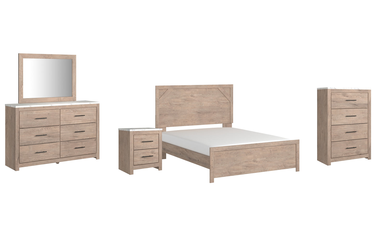 Senniberg  Panel Bed With Mirrored Dresser, Chest And Nightstand