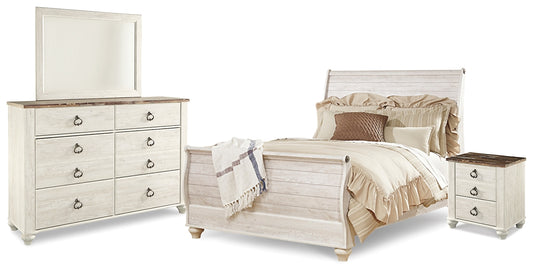 Willowton  Sleigh Bed With Mirrored Dresser And Nightstand