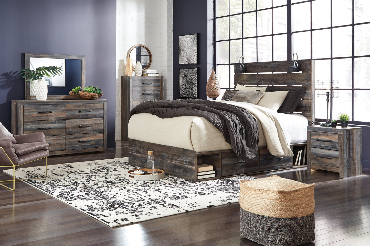 Drystan  Panel Bed With 2 Storage Drawers With Mirrored Dresser And Nightstand