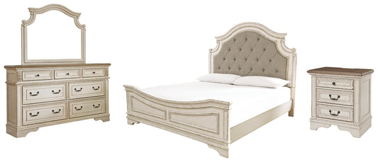 Realyn  Upholstered Panel Bed With Mirrored Dresser And Nightstand