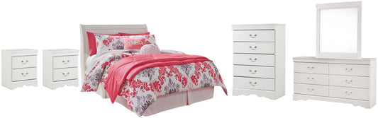 Anarasia  Sleigh Headboard With Mirrored Dresser, Chest And 2 Nightstands