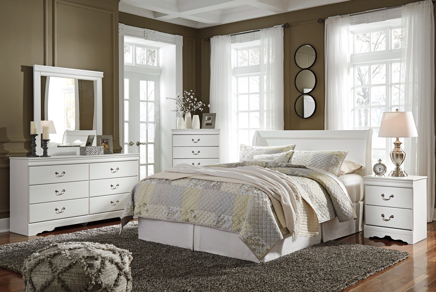 Anarasia  Sleigh Headboard With Mirrored Dresser, Chest And Nightstand