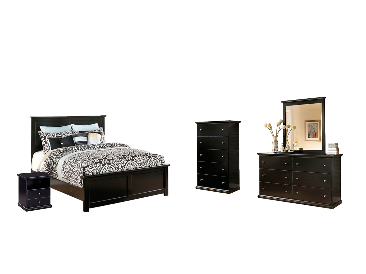 Maribel  Panel Bed With Mirrored Dresser, Chest And Nightstand